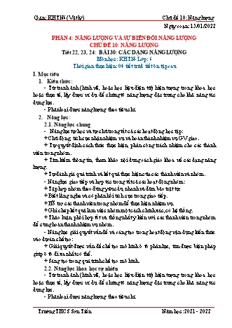 Kế hoạch bài dạy Khoa học tự nhiên Lớp 6 (Sách Cánh diều) - Phân môn Vật lý - Bài 30+31: Các dạng năng lượng - Sự chuyển hóa năng lượng - Năm học 2021-2022 - Trường THCS Sơn Tiến