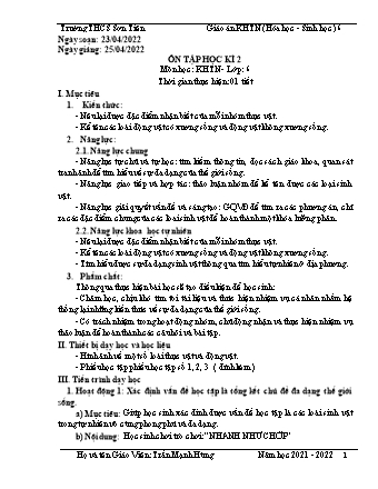 Kế hoạch bài dạy Khoa học tự nhiên Lớp 6 (Sách Cánh diều) - Phân môn Sinh học - Tiết 72, Bài: Ôn tập học kì 2 - Năm học 2021-2022 - Trần Mạnh Hùng