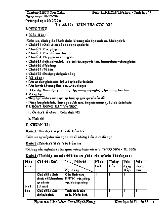 Kế hoạch bài dạy Khoa học tự nhiên Lớp 6 (Sách Cánh diều) - Phân môn Sinh học - Tiết 38+39: Kiểm tra cuối kì I - Năm học 2021-2022 - Trần Mạnh Hùng