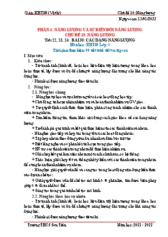 Kế hoạch bài dạy Khoa học tự nhiên Lớp 6 (Sách Cánh diều) - Phân môn Vật lý - Tiết 22 đến 24 - Bài 30: Các dạng năng lượng - Năm học 2021-2022 - Trường THCS Sơn Tiến