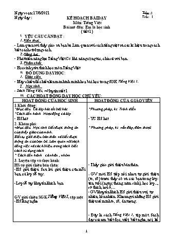 Kế hoạch bài dạy Khối 1 (Sách Cánh diều) - Tuần 1 - Năm học 2021-2022 - Trường Tiểu học Tân Long Hội A