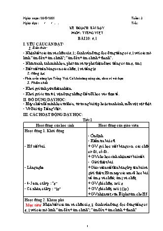 Kế hoạch bài dạy Khối 1 (Sách Cánh diều) - Tuần 3 - Năm học 2021-2022 - Trường Tiểu học Tân Long Hội A