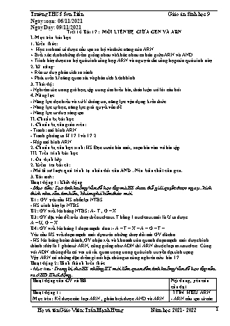 Kế hoạch bài dạy Sinh học Lớp 9 - Tiết 16, Bài 17: Mối liên hệ giữa gen và ARN - Năm học 2021-2022 - Trần Mạnh Hùng Kế hoạch bài dạy Sinh học Lớp 9 - Tiết 16, Bài 17: Mối liên hệ giữa gen và ARN - Năm học 2021-2022 - Trần Mạnh Hùng