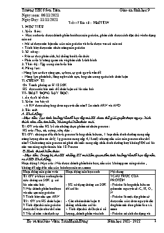 Kế hoạch bài dạy Sinh học Lớp 9 - Tiết 17, Bài 18: Prôtêin - Năm học 2021-2022 - Trần Mạnh Hùng Kế hoạch bài dạy Sinh học Lớp 9 - Tiết 17, Bài 18: Prôtêin - Năm học 2021-2022 - Trần Mạnh Hùng