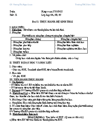 Kế hoạch bài dạy Sinh học Lớp 9 - Tiết 51, Bài 51: Thực hành Hệ sinh thái - Năm học 2021-2022 - Vương Thị Ngọc Loan