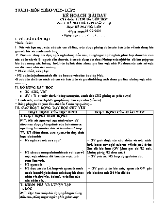 Kế hoạch bài dạy Tiếng Việt Lớp 2 (Sách Chân trời sáng tạo) - Bài 1+2: Bé Mai đã lớn - Thời gian biểu - Năm học 2021-2022 - Trường Tiểu học Tân Long Hội A