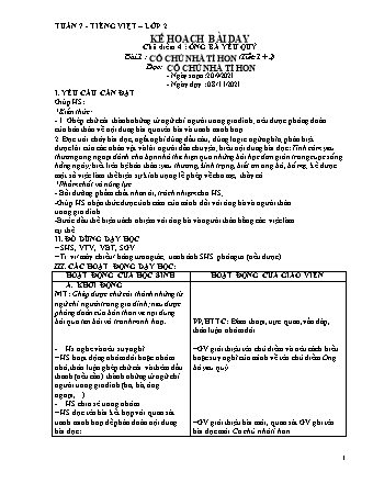 Kế hoạch bài dạy Tiếng Việt Lớp 2 (Sách Chân trời sáng tạo) - Tuần 7 - Bài 1+2: Cô chủ nhà tí hon - Bưu thiếp - Năm học 2021-2022 - Trường Tiểu học Tân Long Hội A