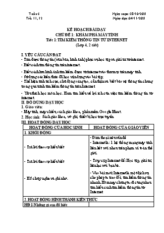 Kế hoạch bài dạy Tin học Lớp 4 - Tiết 11+12, Tiết 1: Tìm kiếm thông tin từ Internet - Năm học 2021-2022 - Trường Tiểu học Tân Long Hội A