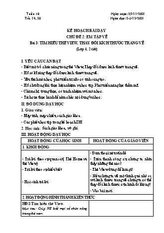 Kế hoạch bài dạy Tin học Lớp 4 - Tiết 19+20, Bài 3: Tìm hiểu thẻ view, thay đổi kích thước trang vẽ - Năm học 2021-2022 - Trường Tiểu học Tân Long Hội A