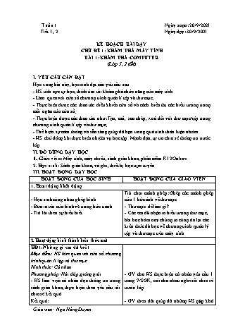 Kế hoạch bài dạy Tin học Lớp 5 - Tiết 1+2, Bài 1: Khám phá computer - Năm học 2021-2022 - Trường Tiểu học Tân Long Hội A