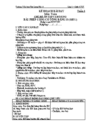 Kế hoạch bài dạy Toán Lớp 2 (Sách Chân trời sáng tạo) - Tuần 3 - Chủ đề: Ôn tập và bổ sung - Năm học 2021-2022 - Trường Tiểu học Tân Long Hội A