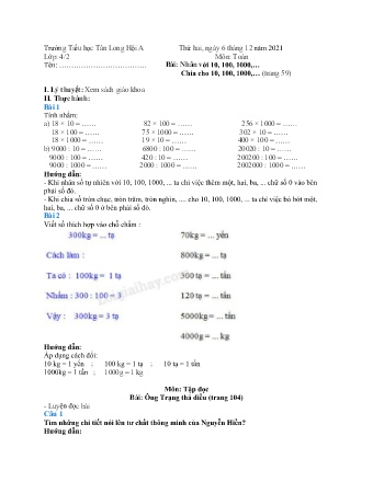 Phiếu bài tập ôn luyện Lớp 4 - Tuần 11 - Năm học 2021-2022 - Trường Tiểu học Tân Long Hội A