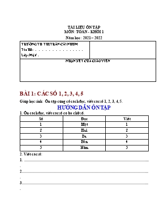 Tài liệu ôn tập môn Toán Lớp 1 - Tuần 1 - Năm học 2021-2022 - Nguyễn Thị Xuân Hồng