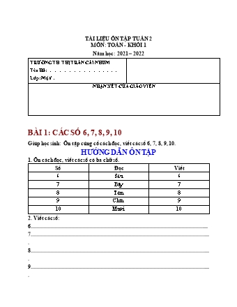 Tài liệu ôn tập môn Toán Lớp 1 - Tuần 2 - Năm học 2021-2022 - Nguyễn Thị Xuân Hồng