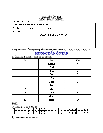 Tài liệu ôn tập môn Toán + Tiếng Việt Lớp 1 - Tuần 4 - Năm học 2021-2022 - Nguyễn Thị Xuân Hồng