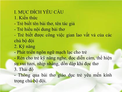 Bài giảng Mầm non Lớp Lá - Đề tài: Chú bộ đội hành quân trong mưa - Trường Mầm non Ba Trại B