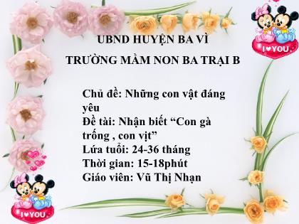 Bài giảng Mầm non Lớp Nhà trẻ - Chủ đề: Những con vật đáng yêu - Đề tài: Nhận biết “Con gà trống, con vịt” - Vũ Thị Nhạn