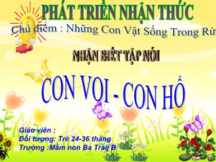 Bài giảng Mầm non Lớp Nhà trẻ - Chủ điểm: Những con vật sống trong rừng - Đề tài: Nhận biết tập nói: Con voi-Con hổ - Trường Mầm non Ba Trại B