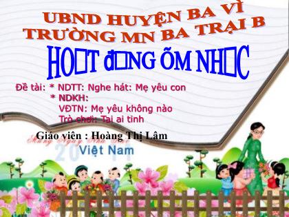 Bài giảng Mầm non Lớp Nhà trẻ - Đề tài: Nghe hát: Mẹ yêu con; Vận động theo nhạc: Mẹ yêu không nào; Trò chơi: Tai ai tinh - Trường Mầm non Ba Trại B - Hoàng Thị Lâm