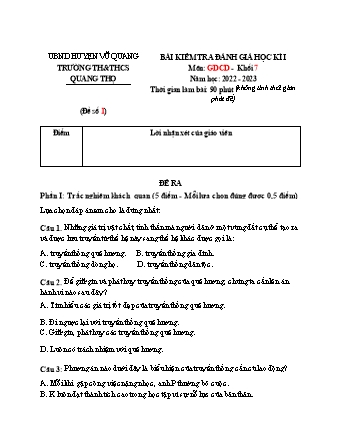 Bài kiểm tra đánh giá học kì I môn Giáo dục công dân Khối 7 - Năm học 2022-2023 - Trường TH&THCS Quang Thọ