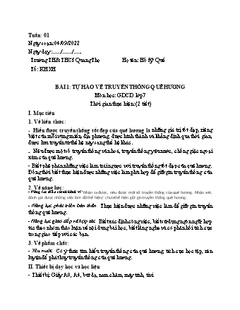 Giáo án Giáo dục công dân 7 (Cánh diều) - Tuần 1, Bài 1: Tự hào về truyền thống quê hương - Năm học 2022-2023 - Hồ Sỹ Quế
