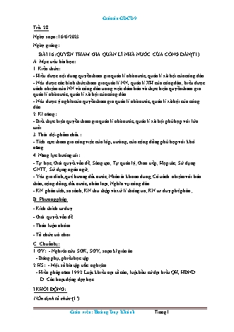 Giáo án Giáo dục công dân 9 - Tiết 28+29, Bài 16: Quyền tham gia quản lí nhà nước của công dân - Năm học 2022-2023 - Hoàng Duy Khánh