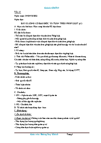 Giáo án Giáo dục công dân 9 - Tiết 31+32, Bài 18: Sống có đạo đức và tuân theo pháp luật - Năm học 2022-2023 - Hoàng Duy Khánh
