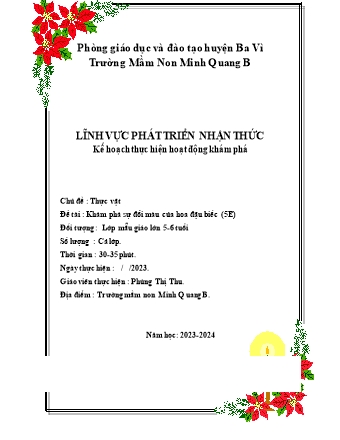 Giáo án Mầm non Lớp Lá - Chủ đề: Thực vật - Đề tài: Khám phá sự đổi màu của hoa đậu biếc (5E) - Năm học 2023-2024 - Phùng Thị Thu