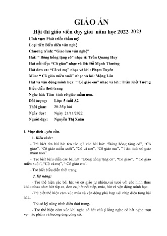 Giáo án Mầm non Lớp Lá - Đề tài: Hát: “Bông hồng tặng cô”; Hát nối tiếp: “Cô giáo”; Hát đơn ca: “Cô và mẹ”; Múa: “ Cô giáo miền xuôi”; Hát và vận động minh họa: “Cô giáo em” - Năm học 2022-2023 - Nguyễn Thị Xuân