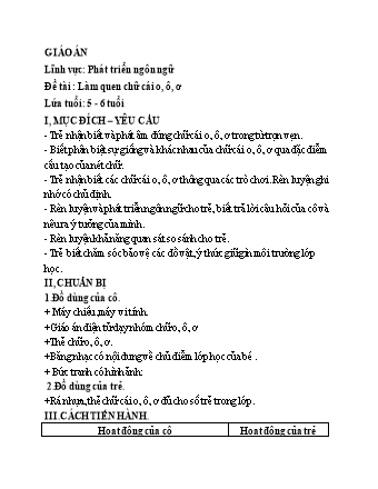 Giáo án Mầm non Lớp Lá - Đề tài: Làm quen chữ cái o, ô, ơ - Trường Mầm non Ba Trại B