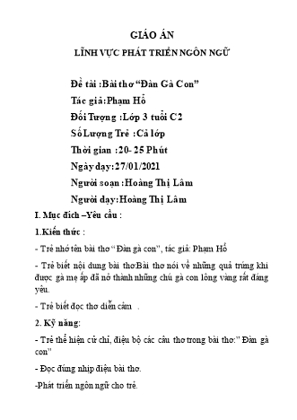 Giáo án Mầm non Lớp Mầm - Đề tài: Bài thơ “Đàn Gà Con” - Năm học 2020-2021 - Hoàng Thị Lâm