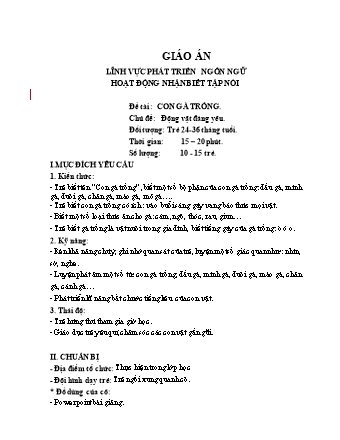Giáo án Mầm non Lớp Nhà trẻ - Chủ đề: Động vật đáng yêu. - Đề tài: Con gà trống - Trường Mầm non Ba Trại B