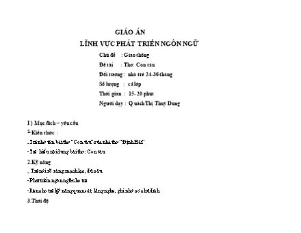 Giáo án Mầm non Lớp Nhà trẻ - Chủ đề: Giao thông - Đề tài: Thơ: Con tàu - Quách Thị Thuỳ Dung