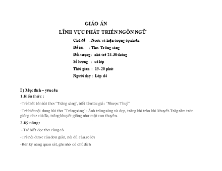 Giáo án Mầm non Lớp Nhà trẻ - Chủ đề: Nước và hiện tượng tự nhiên - Đề tài: Thơ: Trăng sáng