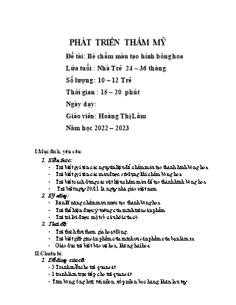 Giáo án Mầm non Lớp Nhà trẻ - Đề tài: Bé chấm màu tạo hình bông hoa - Năm học 2022-2023 - Hoàng Thị Lâm