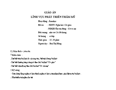 Giáo án Mầm non Lớp Nhà trẻ - Đề tài: Nghe hát: Cô giáo; Ôn vận động: Cô và mẹ - Bùi Thị Hằng