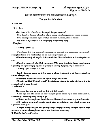 Kế hoạch bài dạy Khoa học tự nhiên 6 - Bài 32: Nhiên liệu và năng lượng tái tạo - Năm học 2022-2023 - Đặng Thị Kim Huê (Cánh diều)