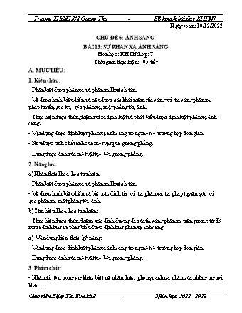 Kế hoạch bài dạy Khoa học tự nhiên 7 - Chủ đề 6: Ánh sáng - Bài 13: Sự phản xạ ánh sáng - Năm học 2022-2023 - Đặng Thị Kim Huê (Cánh diều)